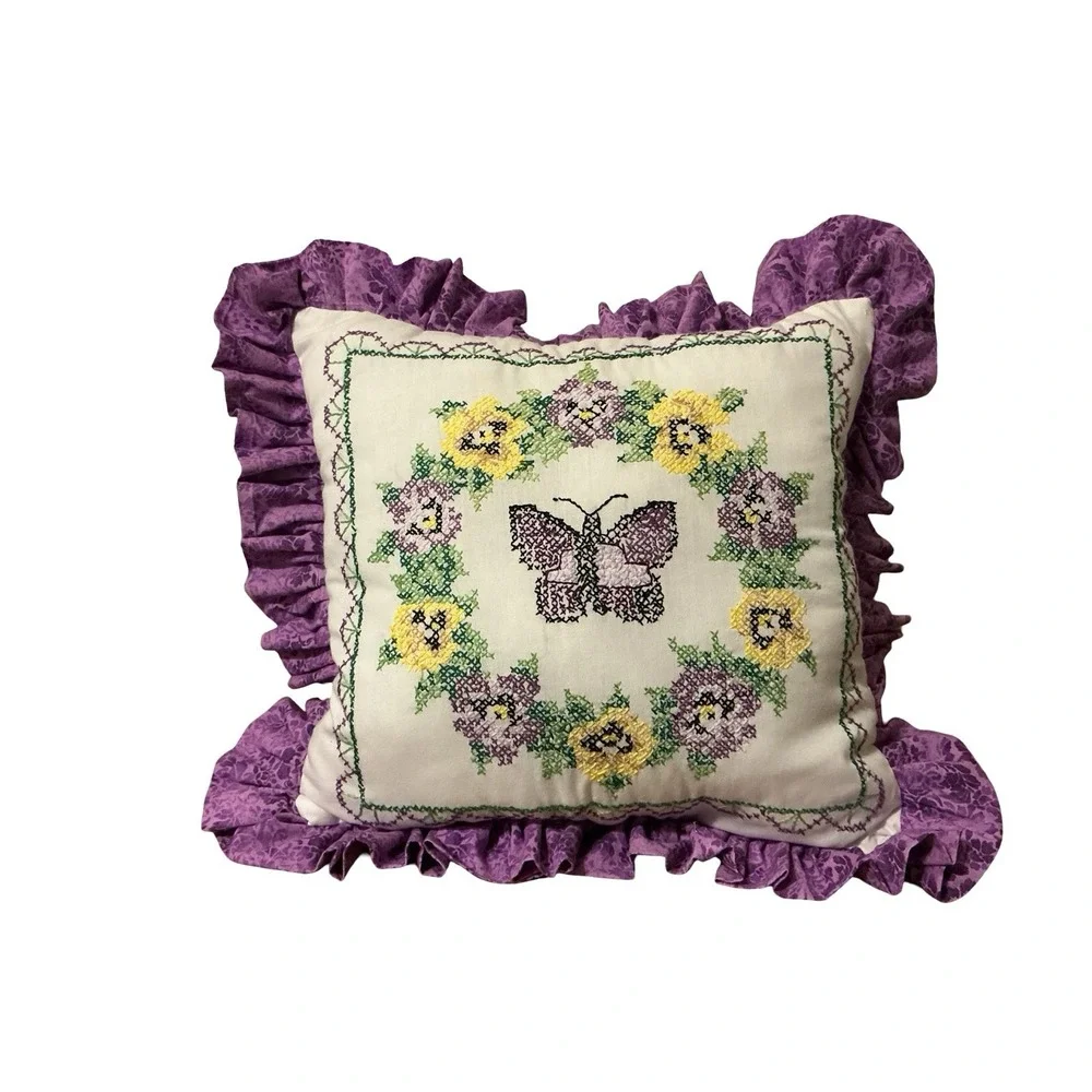 Janlynn Complete Pansy And Butterfly Needlepoint Pillow Botanical Purple‎ Ruffle